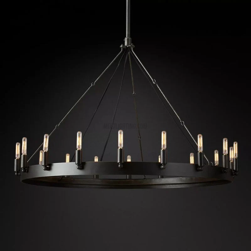 Ronde Kroonluchter met Vintage Filament Lampen Handgemaakt IJzer Zwart Goud 26-73cm Eetkamer Woonkamer | Sansoti
