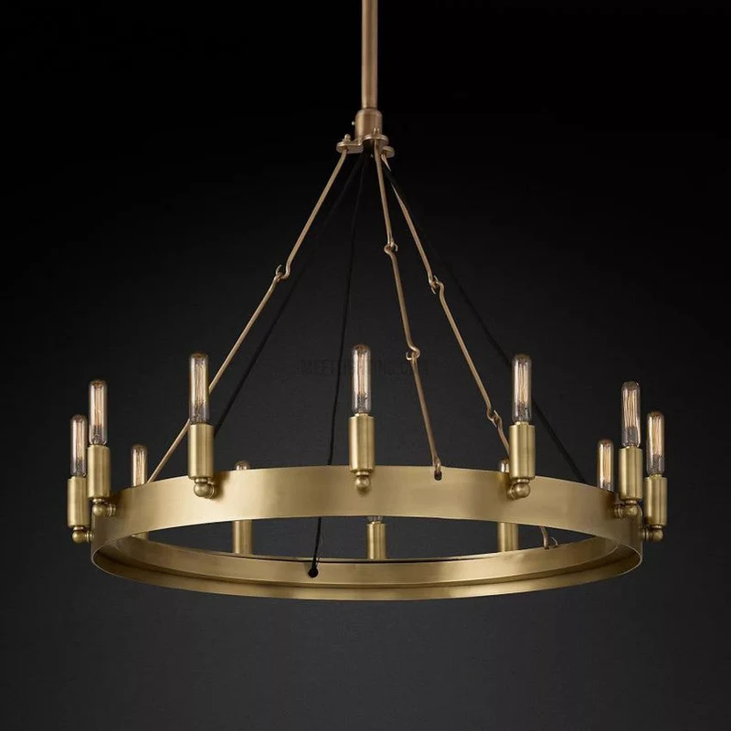 Ronde Kroonluchter met Vintage Filament Lampen Handgemaakt IJzer Zwart Goud 26-73cm Eetkamer Woonkamer | Sansoti