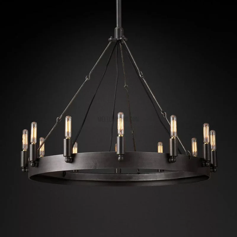 Ronde Kroonluchter met Vintage Filament Lampen Handgemaakt IJzer Zwart Goud 26-73cm Eetkamer Woonkamer | Sansoti