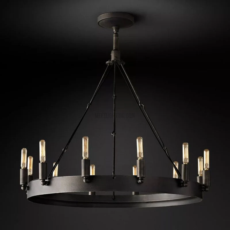 Ronde Kroonluchter met Vintage Filament Lampen Handgemaakt IJzer Zwart Goud 26-73cm Eetkamer Woonkamer | Sansoti