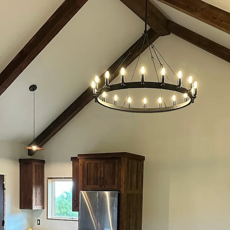 Ronde Kroonluchter met Vintage Filament Lampen Handgemaakt IJzer Zwart Goud 26-73cm Eetkamer Woonkamer | Sansoti