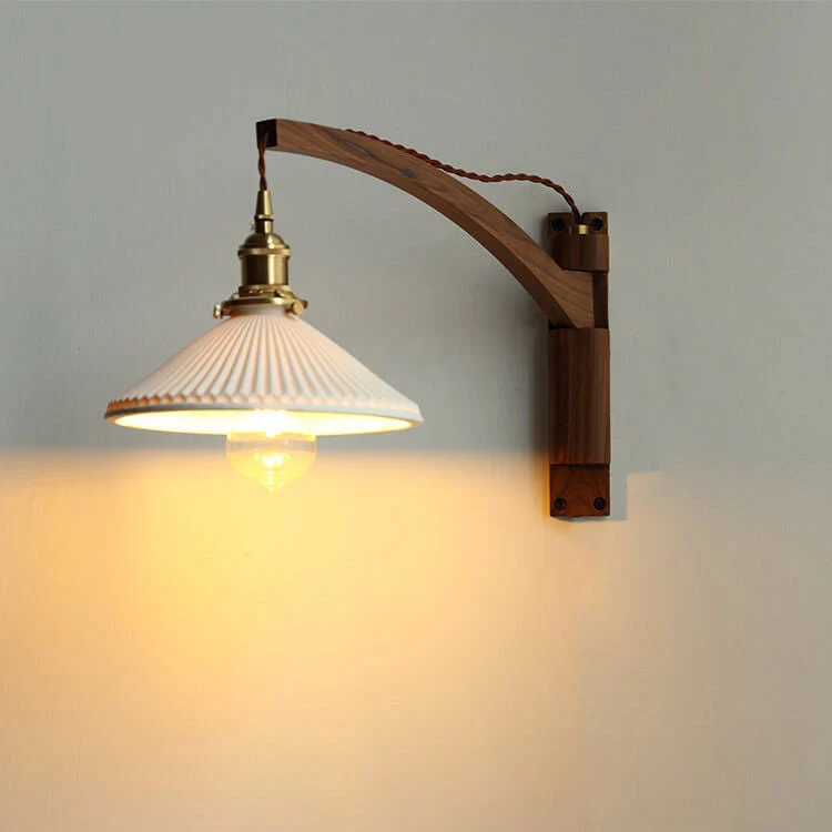 Uitschuifbare wandlamp met gestreept glas en houten arm voor woonkamer slaapkamer hal leeshoek sfeerverlichting | Sansoti