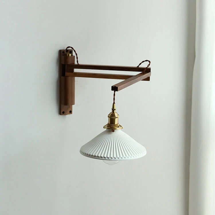 Uitschuifbare wandlamp met gestreept glas en houten arm voor woonkamer slaapkamer hal leeshoek sfeerverlichting | Sansoti