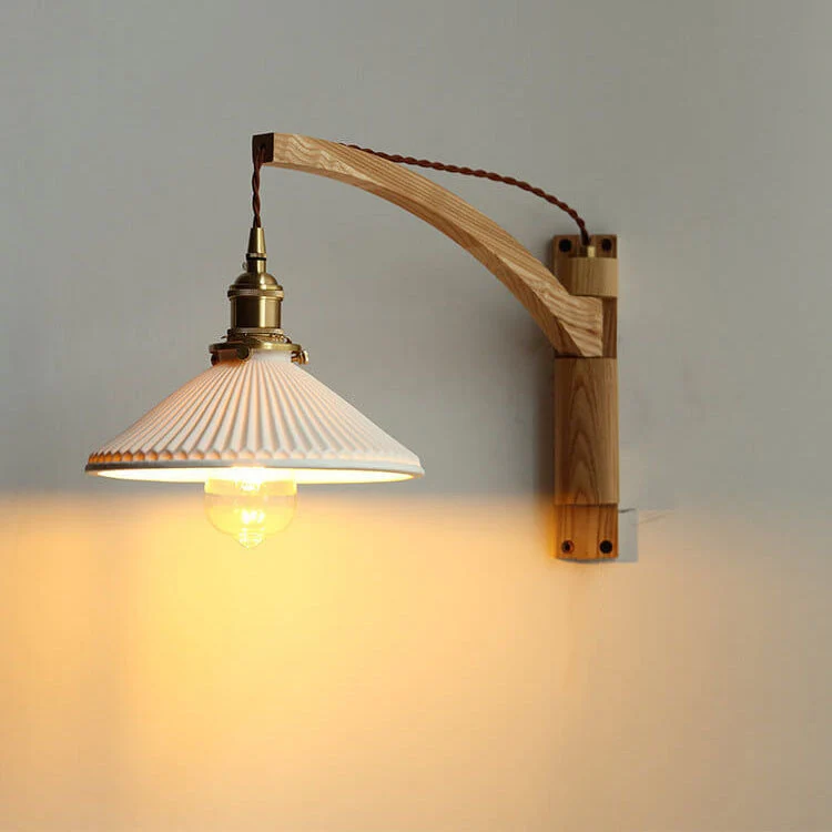 Uitschuifbare wandlamp met gestreept glas en houten arm voor woonkamer slaapkamer hal leeshoek sfeerverlichting | Sansoti