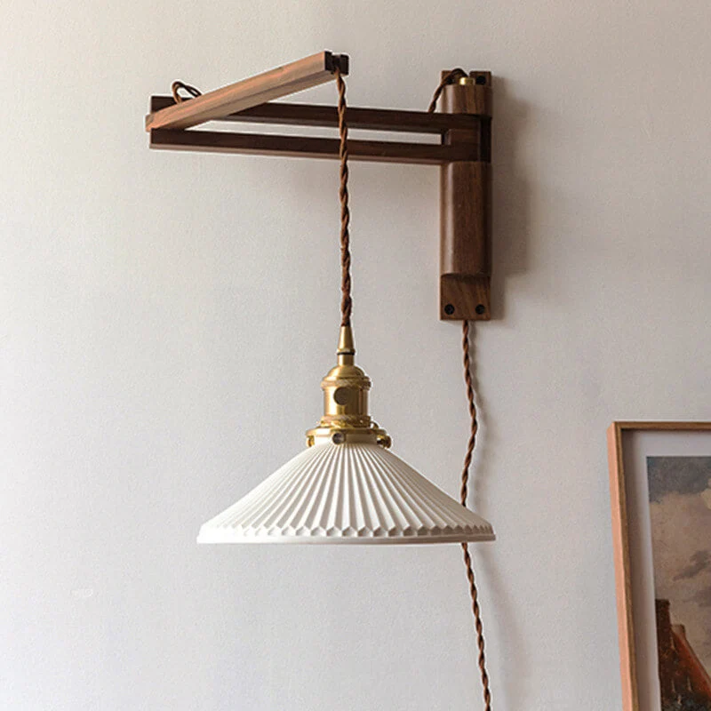 Uitschuifbare wandlamp met gestreept glas en houten arm voor woonkamer slaapkamer hal leeshoek sfeerverlichting | Sansoti