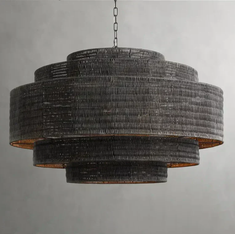 Gevlochten Rotan Kroonluchter Gelaagd IJzeren Frame Verstelbare Hoogte Hanglamp Eetkamer Woonkamer Verlichting | Sansoti