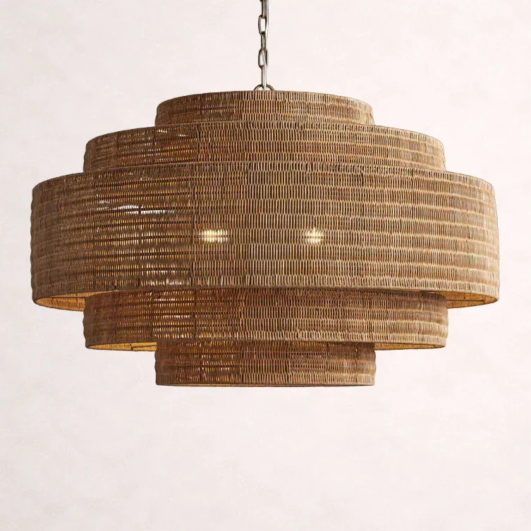 Gevlochten Rotan Kroonluchter Gelaagd IJzeren Frame Verstelbare Hoogte Hanglamp Eetkamer Woonkamer Verlichting | Sansoti