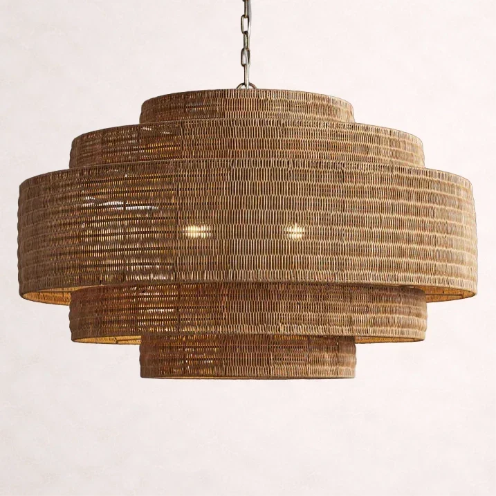 Gevlochten Rotan Kroonluchter Gelaagd IJzeren Frame Verstelbare Hoogte Hanglamp Eetkamer Woonkamer Verlichting | Sansoti