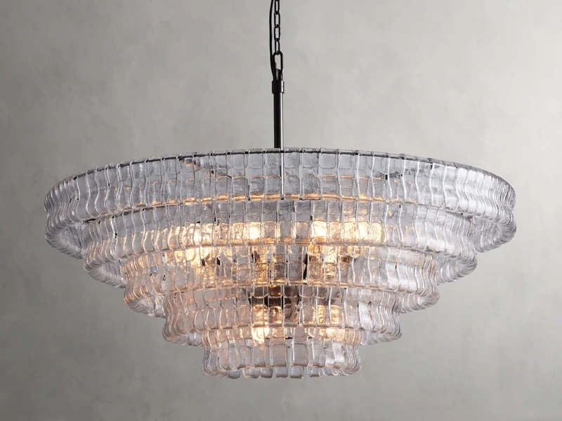 Ronde Kroonluchter Gestructureerd Glas Meerlaags Metalen Frame Dimbaar Verstelbaar 60-152cm Woonkamer | Sansoti