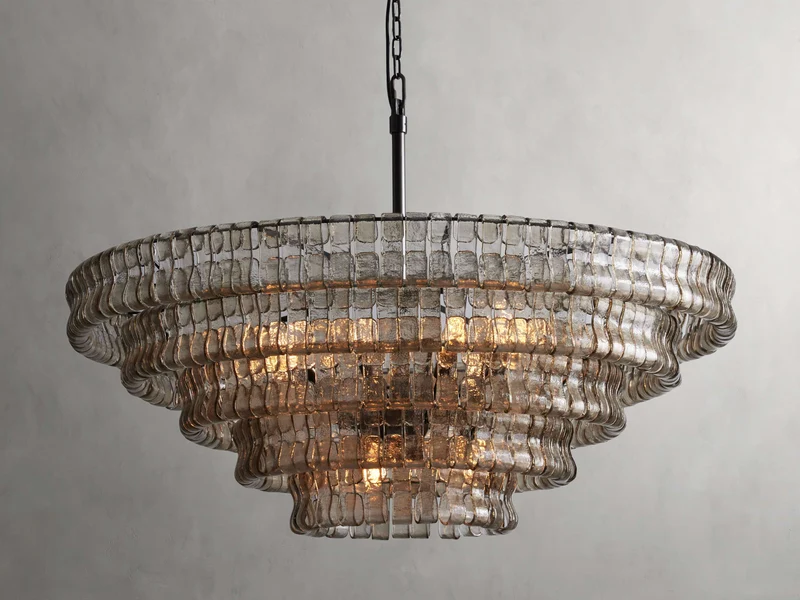 Ronde Kroonluchter Gestructureerd Glas Meerlaags Metalen Frame Dimbaar Verstelbaar 60-152cm Woonkamer | Sansoti
