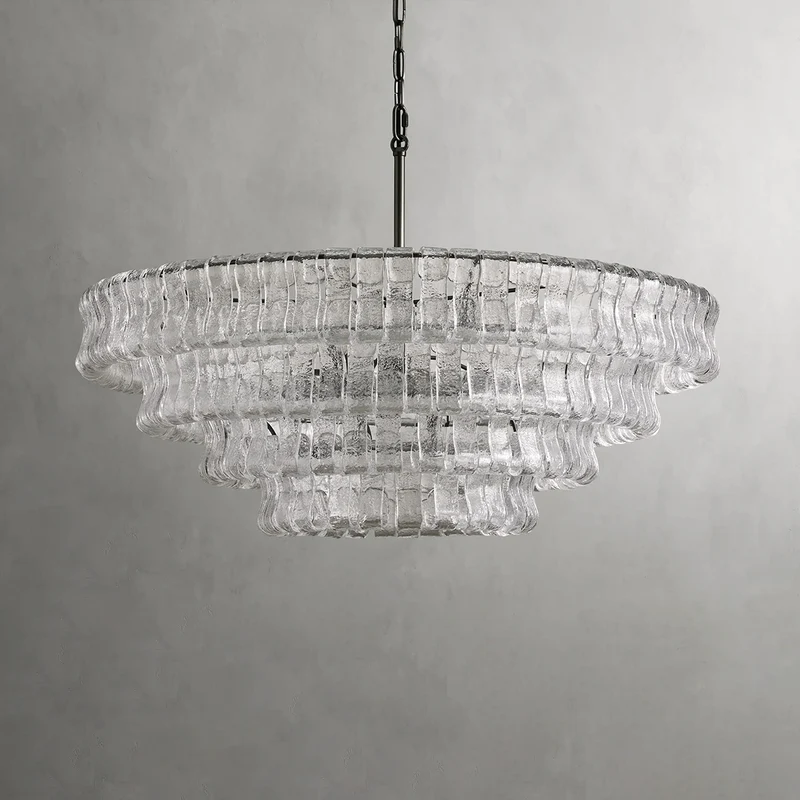 Ronde Kroonluchter Gestructureerd Glas Meerlaags Metalen Frame Dimbaar Verstelbaar 60-152cm Woonkamer | Sansoti