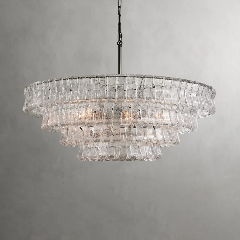 Ronde Kroonluchter Gestructureerd Glas Meerlaags Metalen Frame Dimbaar Verstelbaar 60-152cm Woonkamer | Sansoti