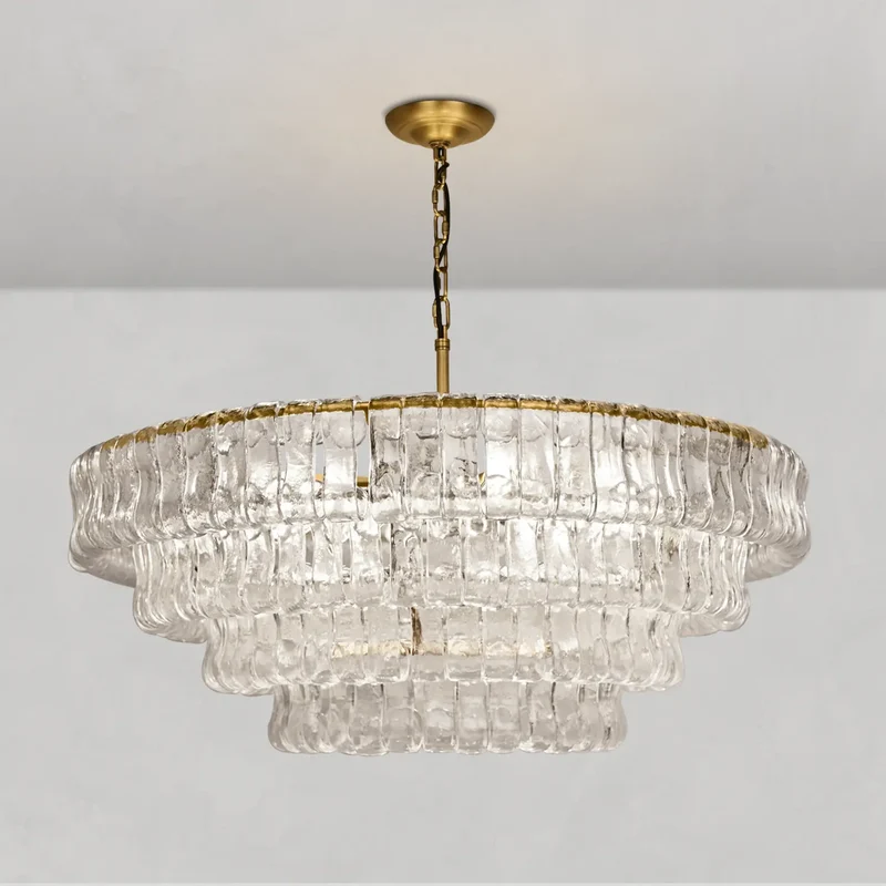Ronde Kroonluchter Gestructureerd Glas Meerlaags Metalen Frame Dimbaar Verstelbaar 60-152cm Woonkamer | Sansoti