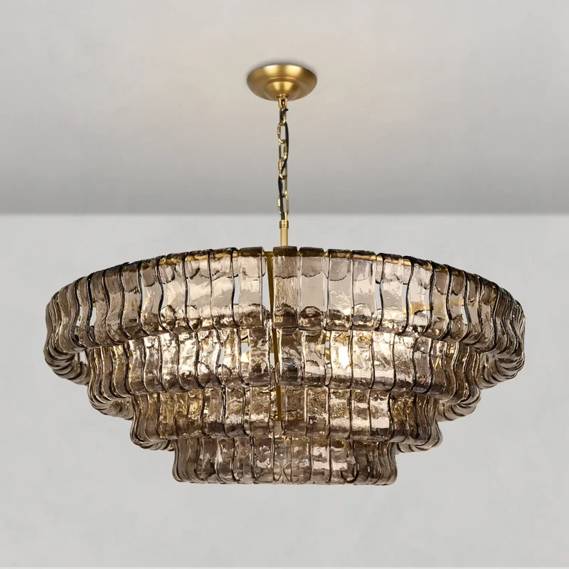 Ronde Kroonluchter Gestructureerd Glas Meerlaags Metalen Frame Dimbaar Verstelbaar 60-152cm Woonkamer | Sansoti