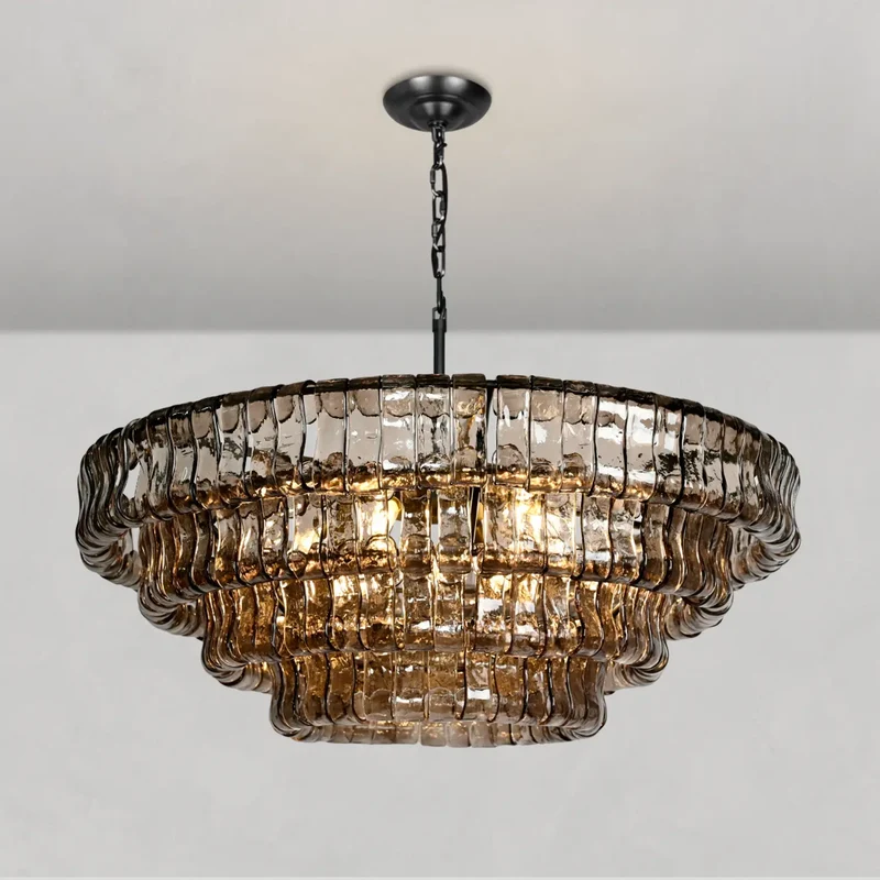 Ronde Kroonluchter Gestructureerd Glas Meerlaags Metalen Frame Dimbaar Verstelbaar 60-152cm Woonkamer | Sansoti