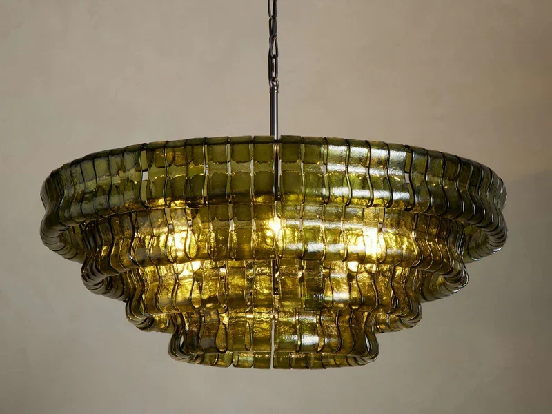 Ronde Kroonluchter Gestructureerd Glas Meerlaags Metalen Frame Dimbaar Verstelbaar 60-152cm Woonkamer | Sansoti