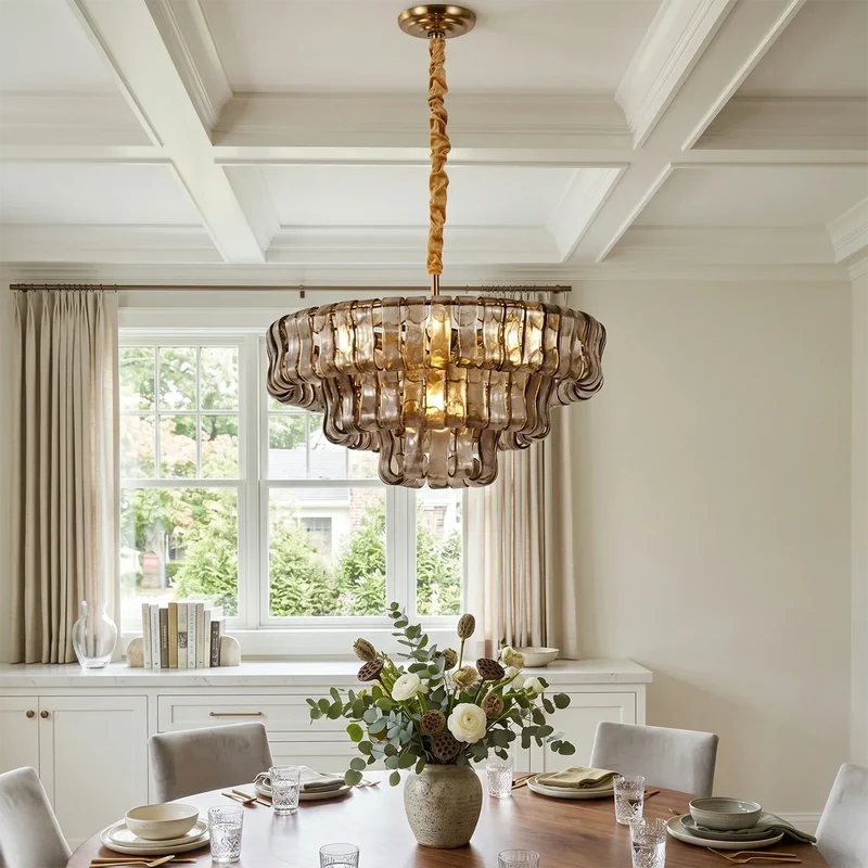 Ronde Kroonluchter Gestructureerd Glas Meerlaags Metalen Frame Dimbaar Verstelbaar 60-152cm Woonkamer | Sansoti