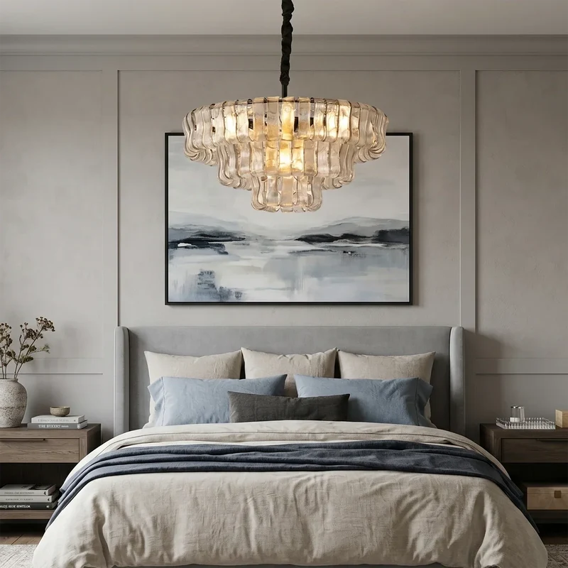 Ronde Kroonluchter Gestructureerd Glas Meerlaags Metalen Frame Dimbaar Verstelbaar 60-152cm Woonkamer | Sansoti
