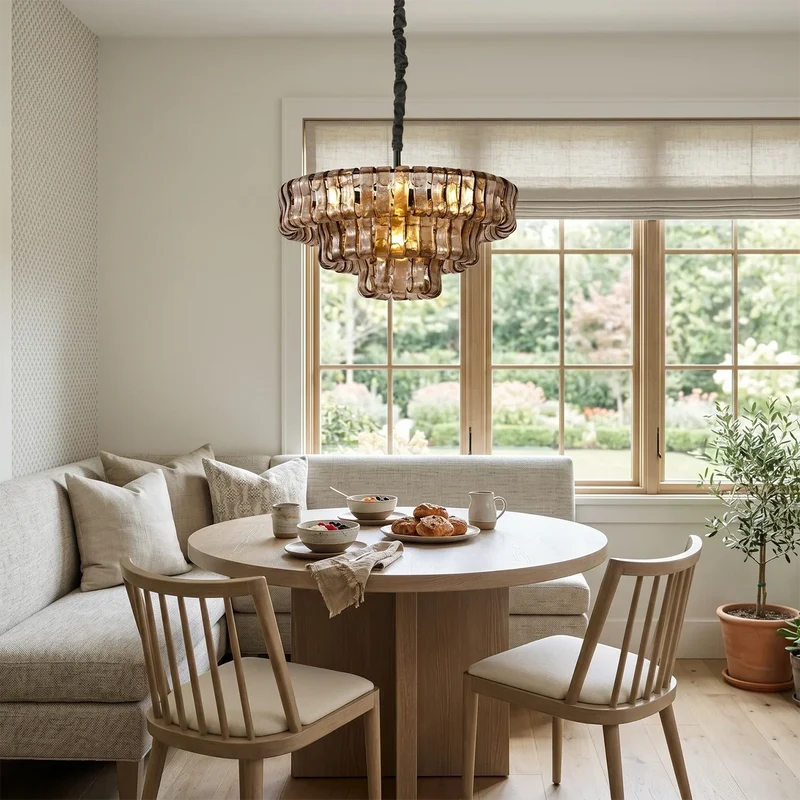 Ronde Kroonluchter Gestructureerd Glas Meerlaags Metalen Frame Dimbaar Verstelbaar 60-152cm Woonkamer | Sansoti