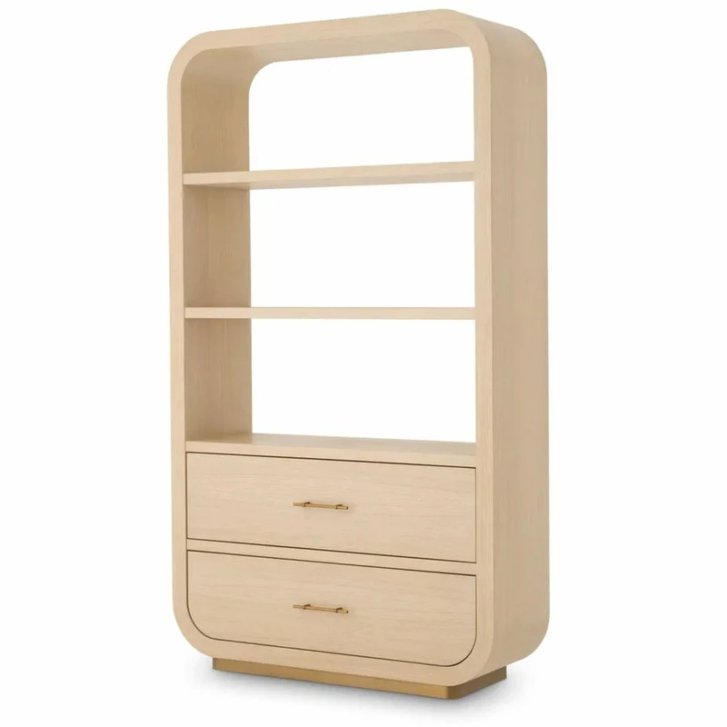 Casa Padrino Luxus Regalschrank mit 2 Schubladen Naturfarben / Messing H. 210 cm