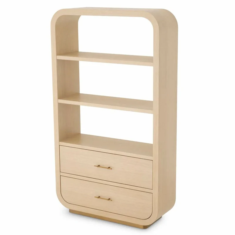 Casa Padrino Luxus Regalschrank mit 2 Schubladen Naturfarben / Messing H. 210 cm