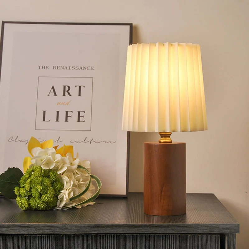 Tafellamp Plissé Kap Houten Voet Vintage Stijl Dimbaar Sfeerlicht Nachtkastje Woonkamer Leeslamp Retro Design | Sansoti