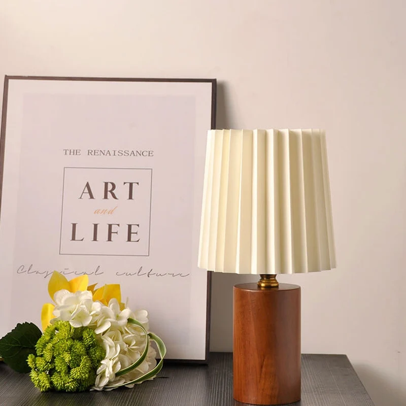 Tafellamp Plissé Kap Houten Voet Vintage Stijl Dimbaar Sfeerlicht Nachtkastje Woonkamer Leeslamp Retro Design | Sansoti