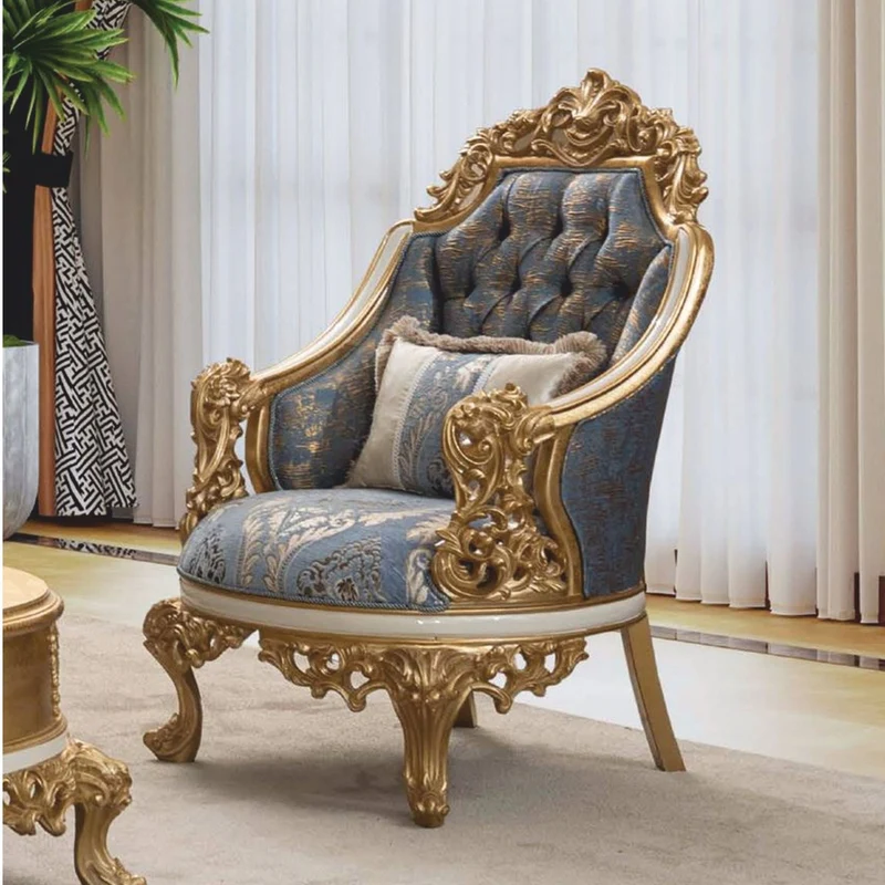 Casa Padrino Luxus Barock Sessel Blau / Weiß / Gold - Barock Wohnzimmer Möbel