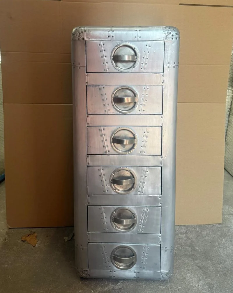 Casa Padrino Aluminium Kommode im Flugzeug Design mit 6 Schubladen Silber 40 x 40 x 100 cm