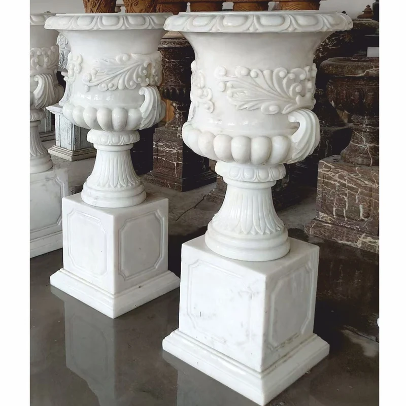 Casa Padrino Luxus Barock Marmor Blumentopf Set auf Säulen Weiß H. 120 cm