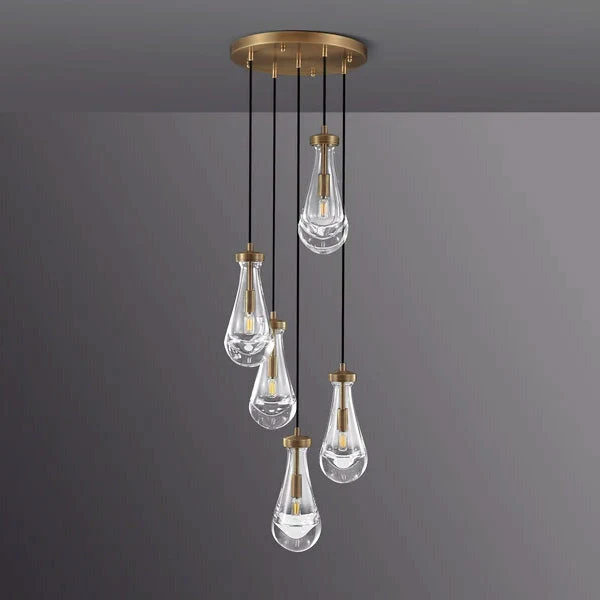 Ronde Glazen Kroonluchter 5 Lichtpunten Druppelvorm Glas Metaal Hanglamp voor Eetkamer Woonkamer Eettafel | Sansoti