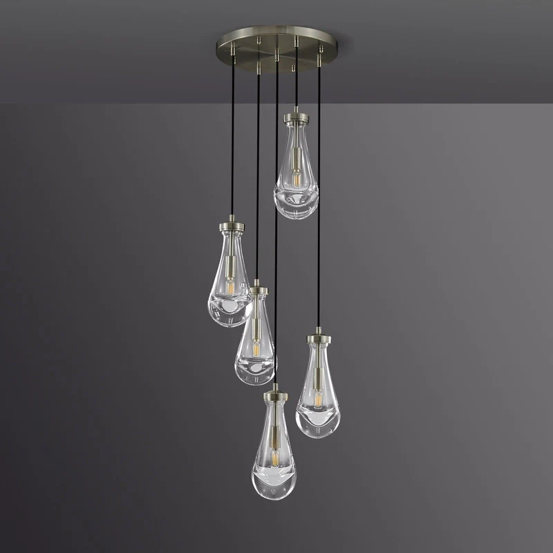 Ronde Glazen Kroonluchter 5 Lichtpunten Druppelvorm Glas Metaal Hanglamp voor Eetkamer Woonkamer Eettafel | Sansoti