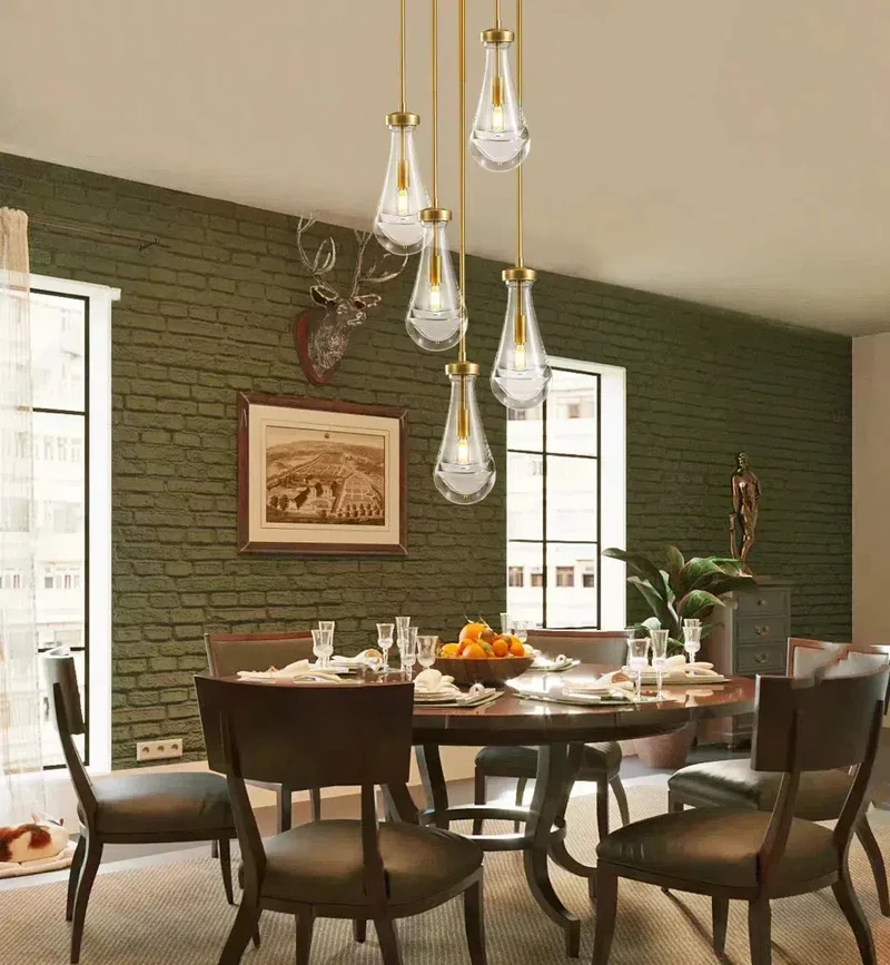 Ronde Glazen Kroonluchter 5 Lichtpunten Druppelvorm Glas Metaal Hanglamp voor Eetkamer Woonkamer Eettafel | Sansoti