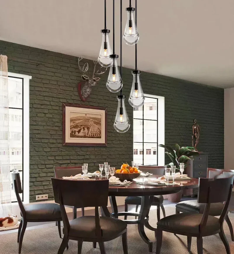 Ronde Glazen Kroonluchter 5 Lichtpunten Druppelvorm Glas Metaal Hanglamp voor Eetkamer Woonkamer Eettafel | Sansoti