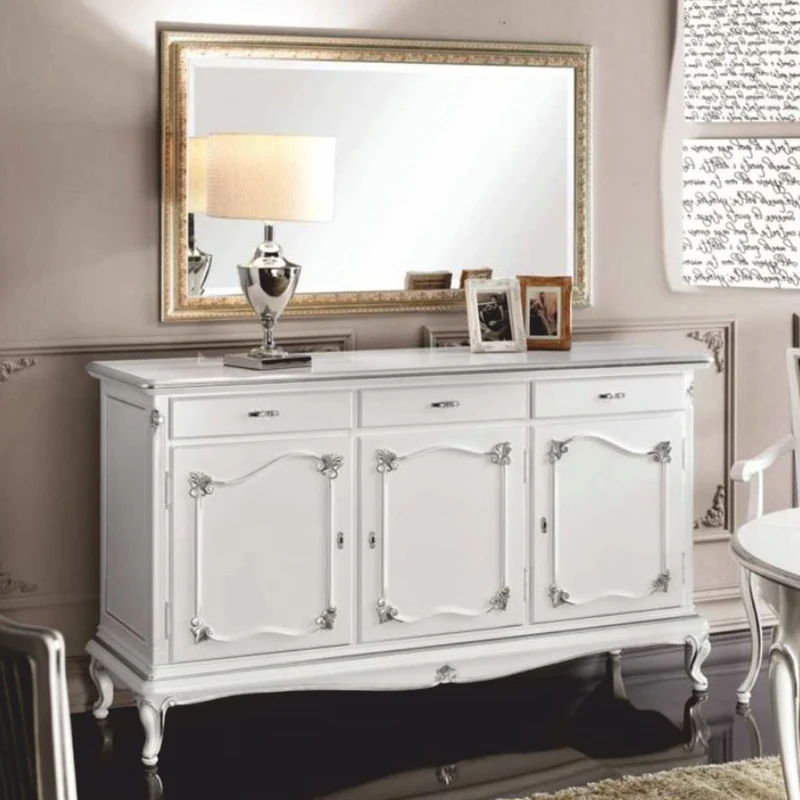 Casa Padrino Luxus Barock Sideboard mit Spiegel Weiß / Silber / Gold - Made in Italy