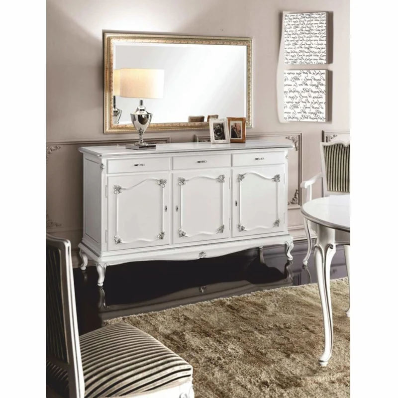 Casa Padrino Luxus Barock Sideboard mit Spiegel Weiß / Silber / Gold - Made in Italy