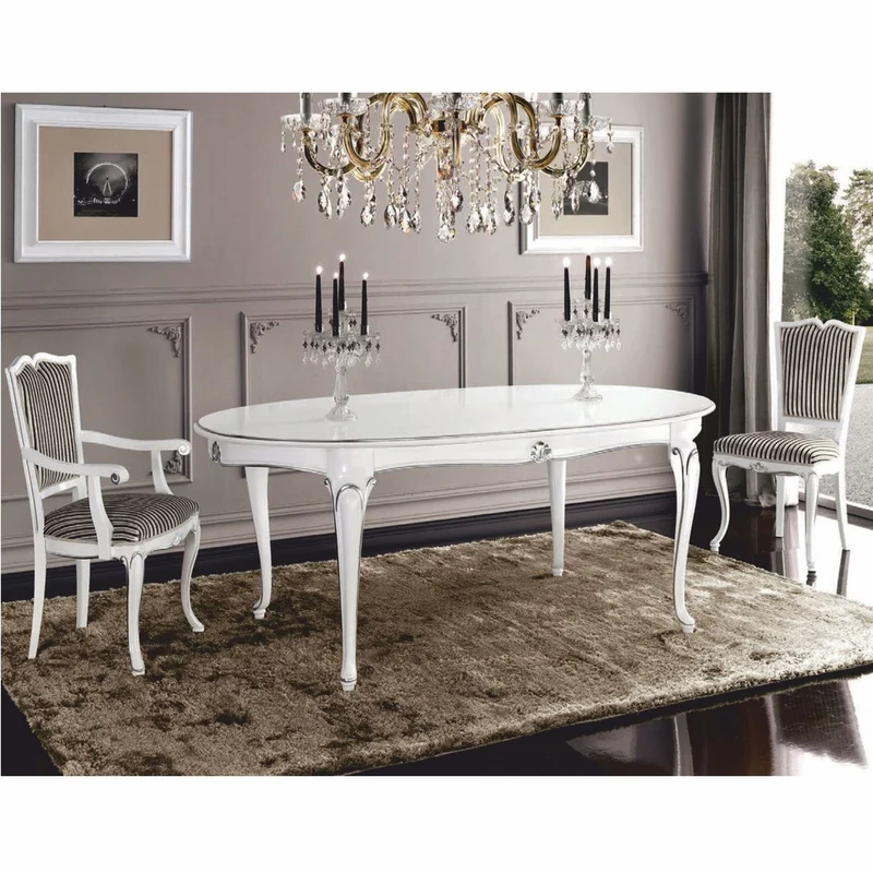 Casa Padrino Luxus Barock Esstisch Weiß / Silber 200-280 cm - Made in Italy