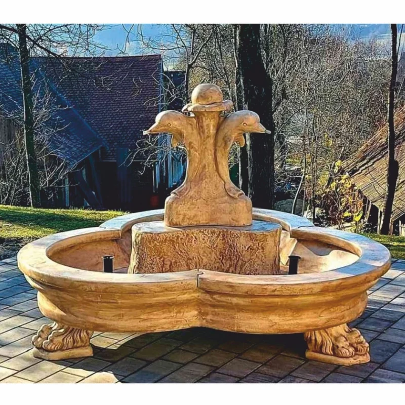Casa Padrino Barock Springbrunnen Delfine Beige Ø 185 x H. 130 cm - Prunkvoller Gartenbrunnen