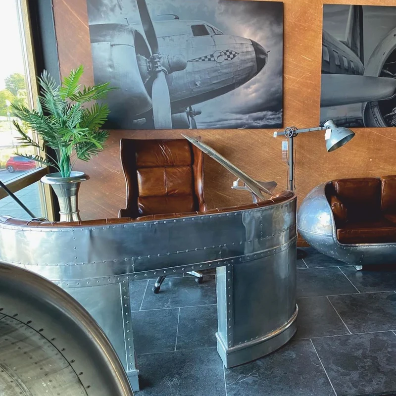 Casa Padrino Aluminium Flugzeug Flieger Schreibtisch Silber / Dunkelbraun 185 cm - Büro Möbel