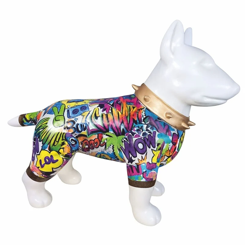 Casa Padrino Deko Figur Hund Bullterrier Weiß / Bunt / Gold H. 59 cm