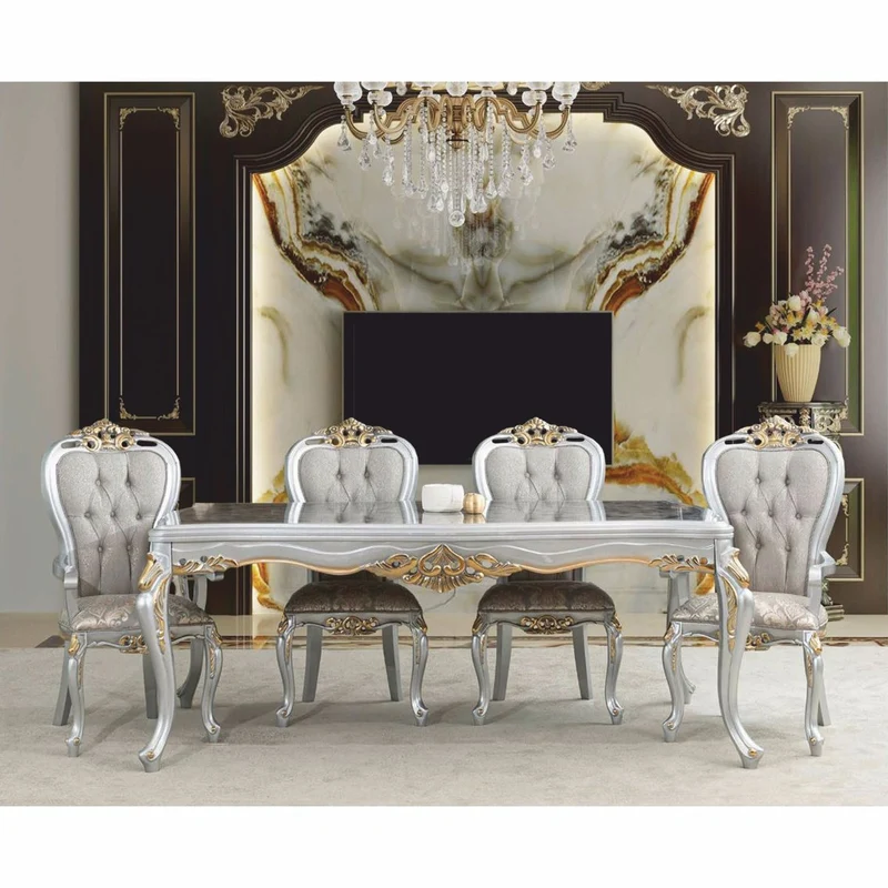 Casa Padrino Luxus Barock Esstisch Grau / Silber / Gold 208 cm - Barock Möbel