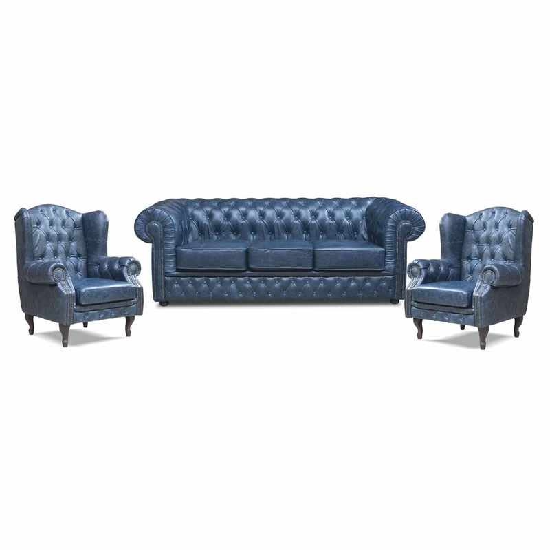Casa Padrino Luxus Chesterfield Leder Sofa Vintage Blau / Schwarz 224 cm - Echtleder Möbel