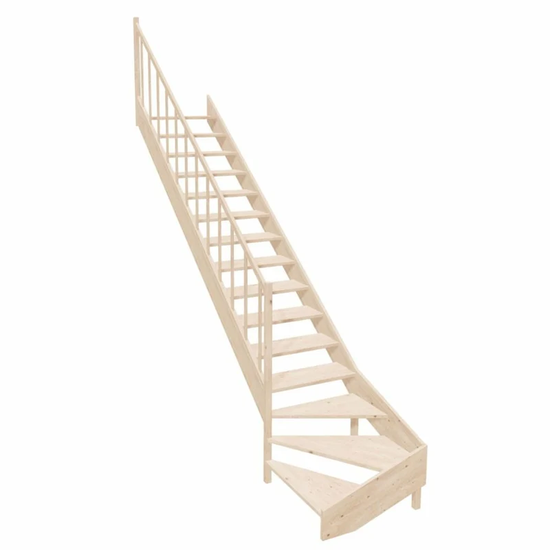 Casa Padrino Luxus Eck-Holztreppe mit Geländer linke Seite Naturfarben H. 364 cm