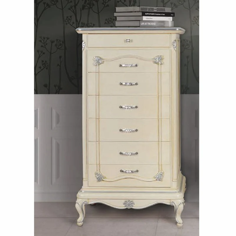 Casa Padrino Luxus Barock Kommode mit 7 Schubladen Creme / Silber H. 135 cm - Made in Italy