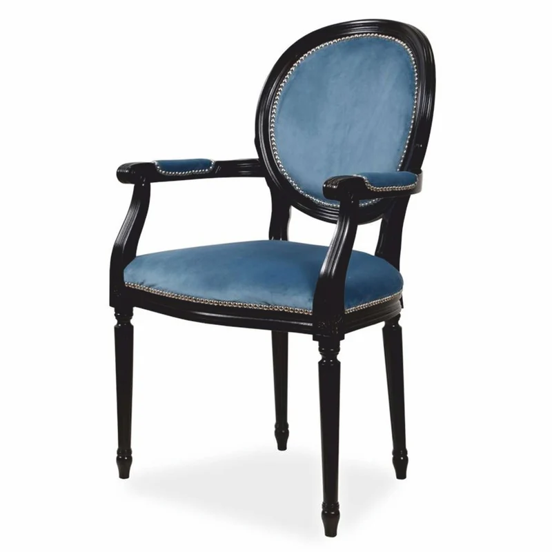 Casa Padrino Luxus Barock Samt Esszimmer Stuhl mit Armlehnen Blau / Schwarz - Barockstil Esszimmer Möbel