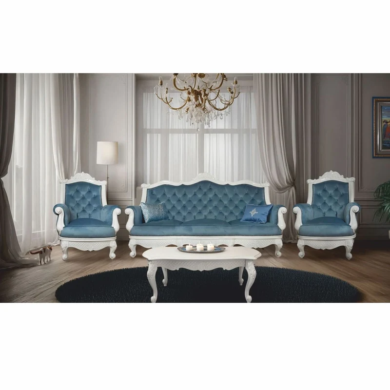 Casa Padrino Luxus Barock Samt Sofa Blau / Weiß 210 cm - Barockstil Wohnzimmer Möbel