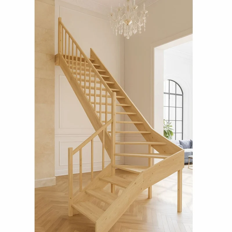 Casa Padrino Luxus Eck-Holztreppe mit Geländer linke Seite Naturfarben H. 304 cm