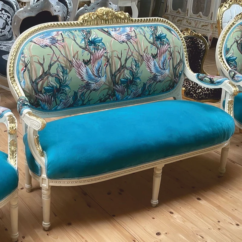 Casa Padrino Barock 2er Sofa Blau / Bunt / Weiß / Gold 150 cm - Barock Möbel