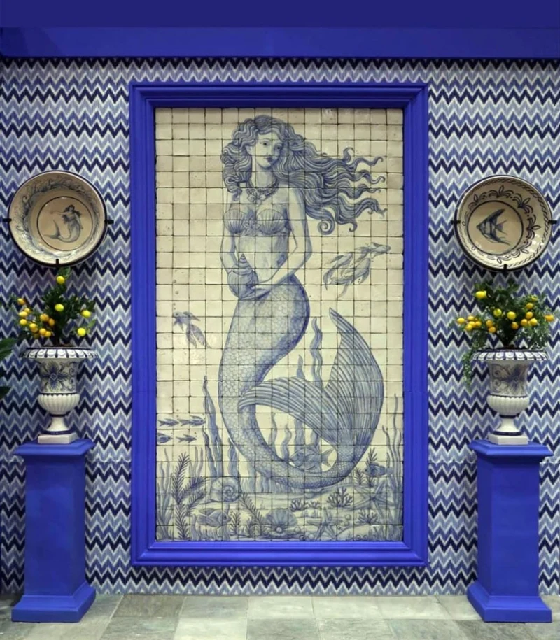Casa Padrino Luxus Barock Wandgemälde Meerjungfrau Creme / Blau H. 280 cm - Barock Wanddeko