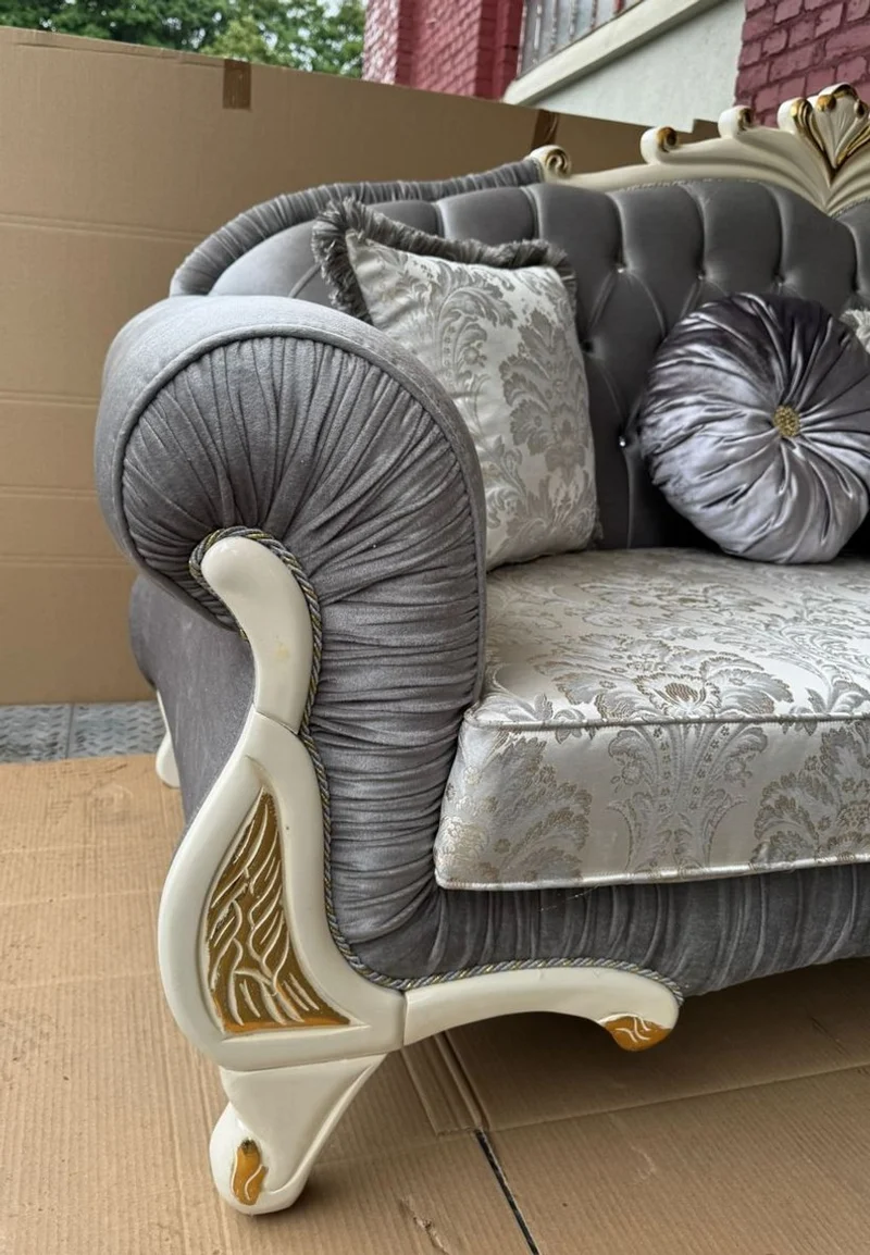 Casa Padrino Luxus Barock Sofa in Grau, Creme und Gold, 225 cm - Prunkvolles Barock Möbelstück